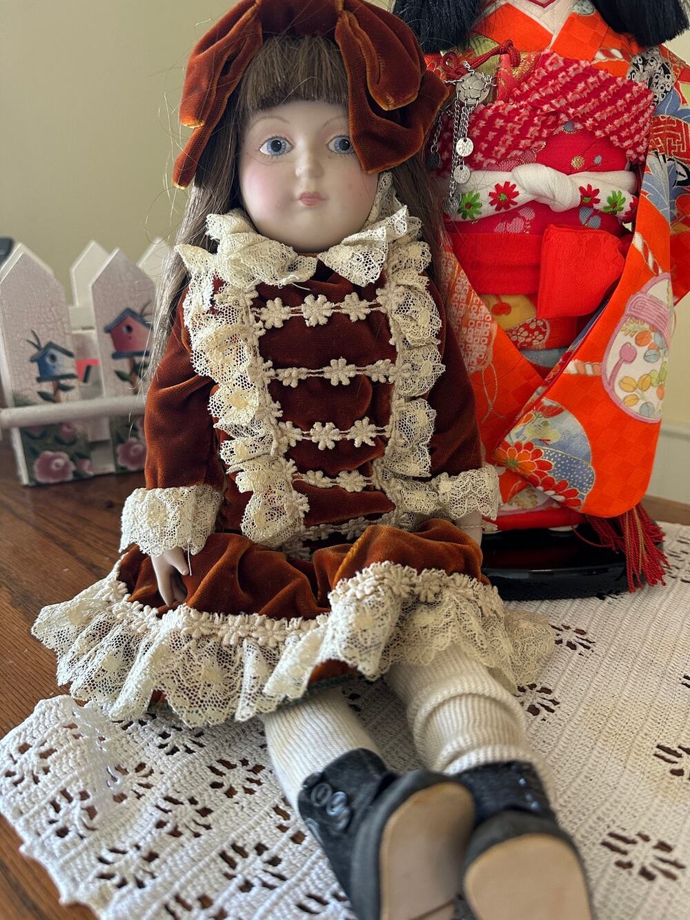 Vintage Heirloom Dolls 16" Porcelain Doll Brown Velvet Dress Lace Victorian